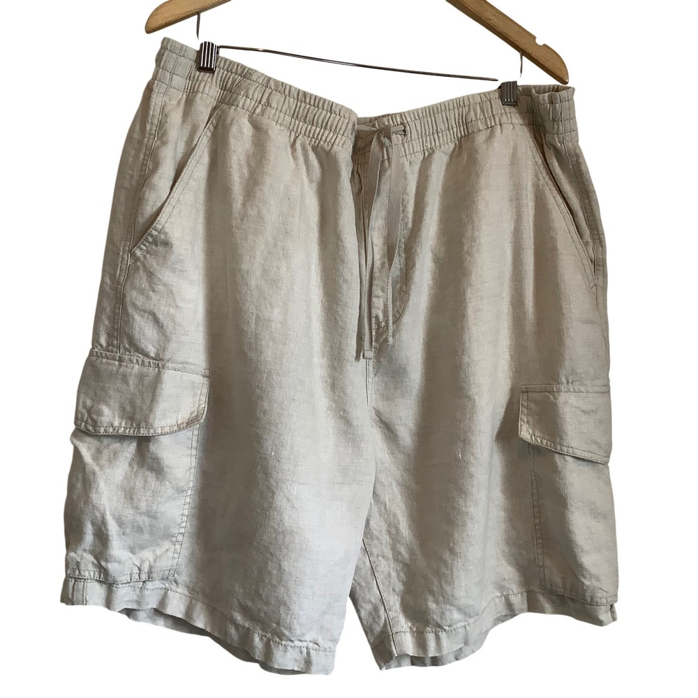 Old Navy Mens XXL 100% Linen Cargo Shorts Oatmeal Beige Elastic Drawstring Waist